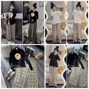 Tổng Hợp Sét Quần Kẻ Caro Vàng Bbr + Mix Áo Thu Đông Trơn Cổn Tròn Dài Tay