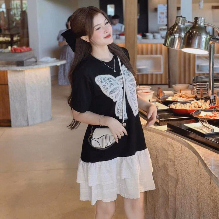 Đầm Thun Quảng Châu Phối Ren Len Đính Nơ Bt92M- Sam Store - Ảnh 2