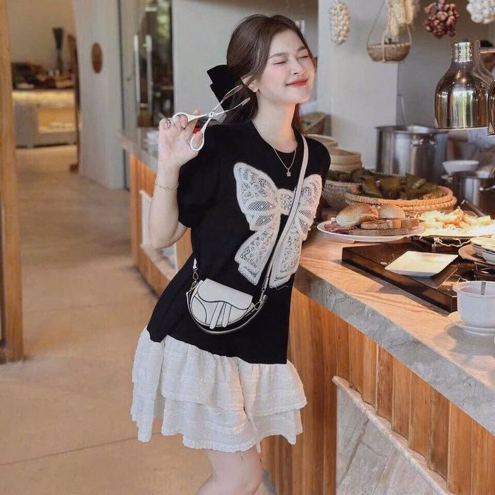 Đầm Thun Quảng Châu Phối Ren Len Đính Nơ Bt92M- Sam Store - Ảnh 3