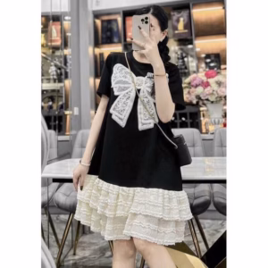 Đầm Thun Quảng Châu Phối Ren Len Đính Nơ Bt92M- Sam Store