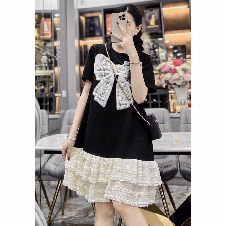 Đầm Thun Quảng Châu Phối Ren Len Đính Nơ Bt92M- Sam Store