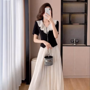 Set Chân Váy Phối Áo Cổ Bèo 2 Lớp Dây Kéo Dời Bh95T- Nana House