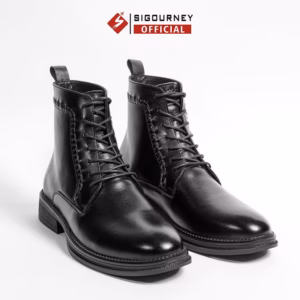 Giày Bốt Cổ Cao Da Bò Màu Đen Có Dây Buộc Boots-05 Bảo Hành 18 Tháng - Sigourney