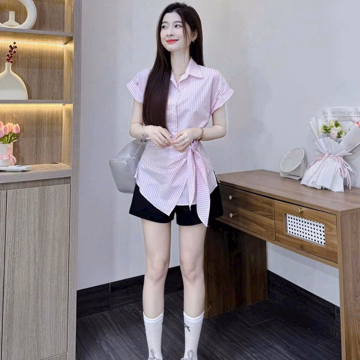 Set Áo Sọc Lụa Cổ Trụ Phối Quần Kaki Htb9905- Nana House - Ảnh 6