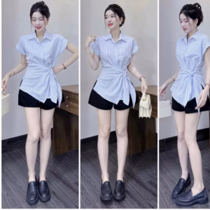 Set Áo Sọc Lụa Cổ Trụ Phối Quần Kaki Htb9905- Nana House