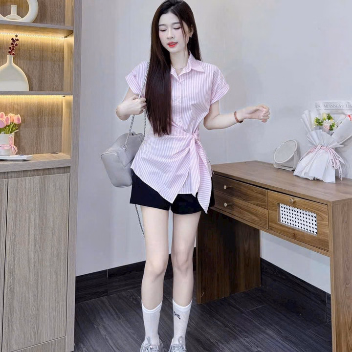 Set Áo Sọc Lụa Cổ Trụ Phối Quần Kaki Htb9905- Nana House - Ảnh 4