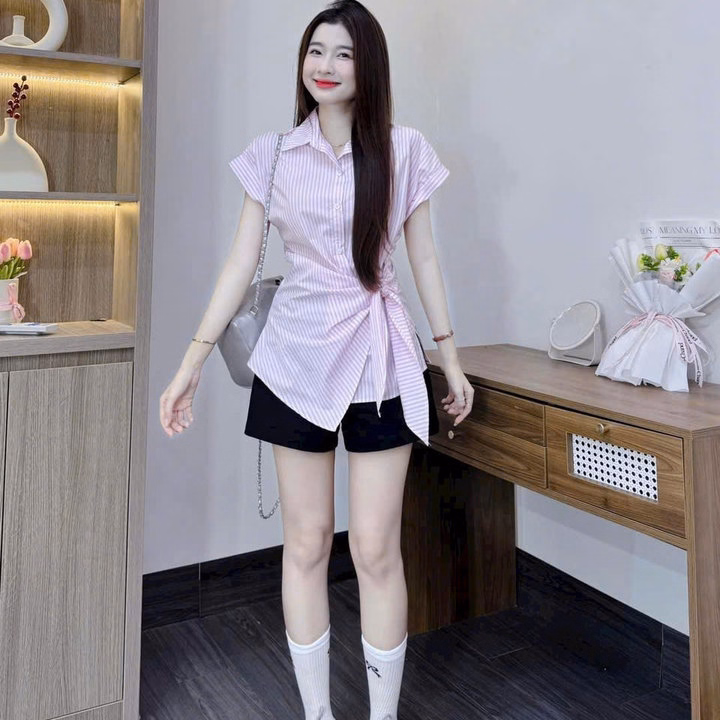 Set Áo Sọc Lụa Cổ Trụ Phối Quần Kaki Htb9905- Nana House - Ảnh 9
