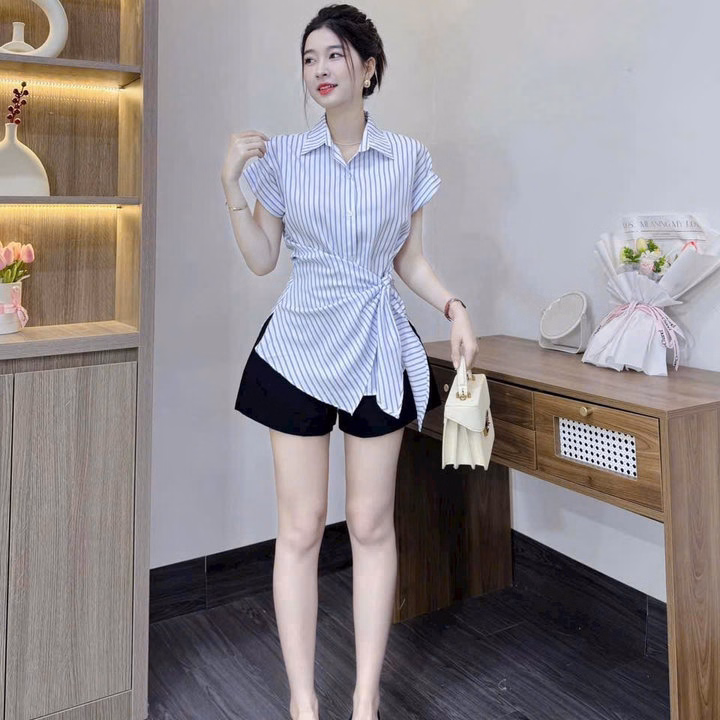 Set Áo Sọc Lụa Cổ Trụ Phối Quần Kaki Htb9905- Nana House - Ảnh 3