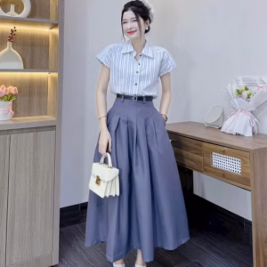 Set Áo Sơ Mi Linen Tay Con Phối Chân Váy Kaki Kèm Nịt Hbp110- Nana House