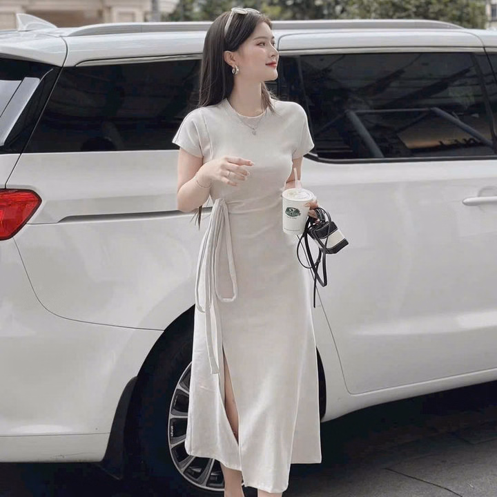 Đầm Thun Gân Xẻ Tà Kèm Dây Nơ Bht8085- Sam Store - Ảnh 3