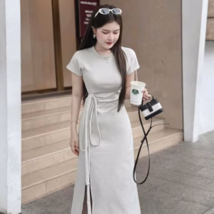 Đầm Thun Gân Xẻ Tà Kèm Dây Nơ Bht8085- Sam Store