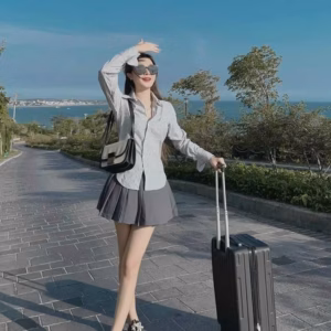 Set Bộ Đồ Nữ Áo Sơ Mi Sọc Mix Chân Váy Xếp Ly Bh010 - Sam Store