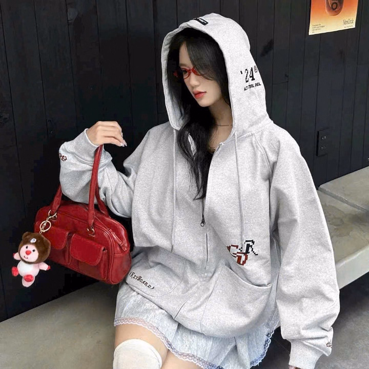 Áo Hoodie Zip Nam Nữ Thêu Chữ Cdr Túi Hộp Nỉ Bông Nam Nữ Unisex Kéo Khóa Tay Bồng Form Boxy