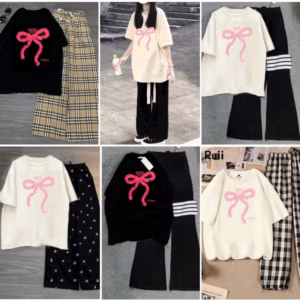 Tổng Hợp Các Sét Quần + Áo Phông In Hình Chiếc Nơ Màu Hồng Cute