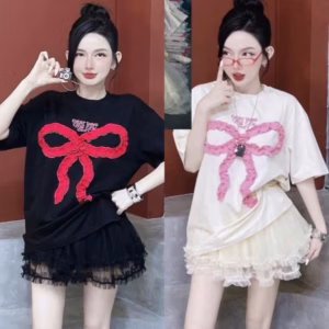 Áo Phông Form Rộng -In Hình Chiếc Nơ Hồng Cute