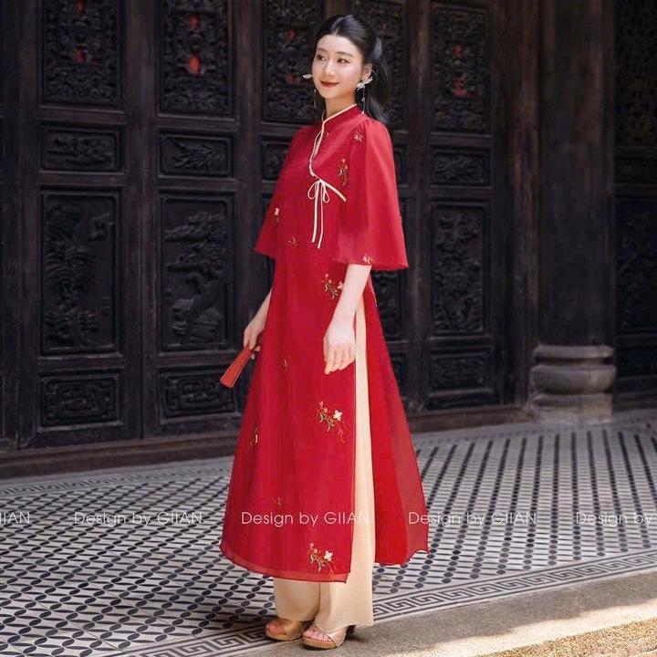 Set Bộ Áo Dài Cách Tân Tơ Xốp Thêu Hoa Phối Quần Latin S26- Nana House - Ảnh 4