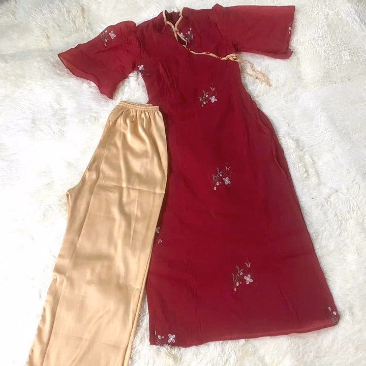 Set Bộ Áo Dài Cách Tân Tơ Xốp Thêu Hoa Phối Quần Latin S26- Nana House - Ảnh 6