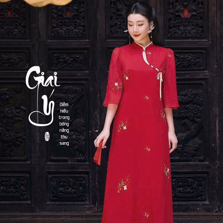 Set Bộ Áo Dài Cách Tân Tơ Xốp Thêu Hoa Phối Quần Latin S26- Nana House - Ảnh 2