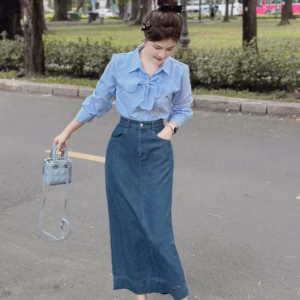 Set Áo Kate Sọc Phối Chân Váy Dài Denim Bh110D- Sam Store
