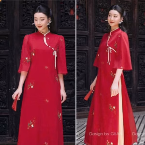 Set Bộ Áo Dài Cách Tân Tơ Xốp Thêu Hoa Phối Quần Latin S26- Nana House