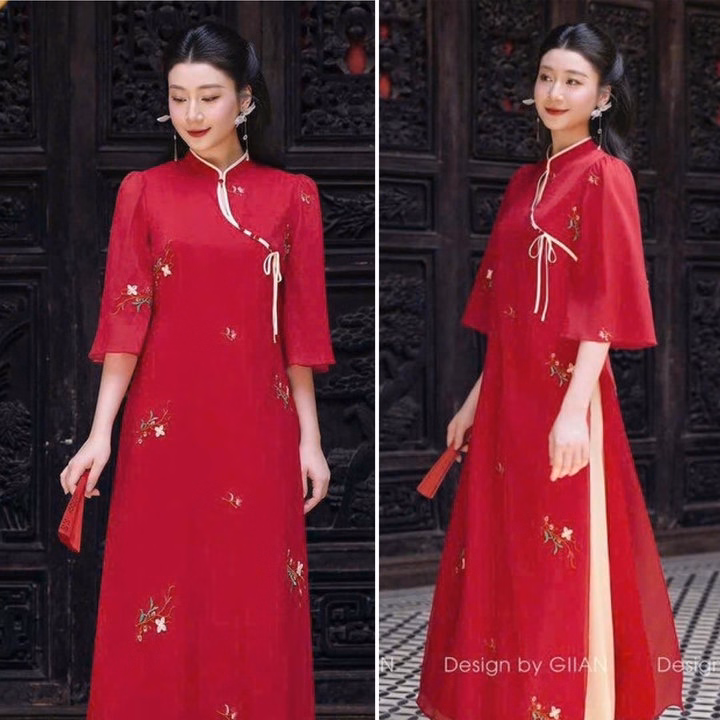 Set Bộ Áo Dài Cách Tân Tơ Xốp Thêu Hoa Phối Quần Latin S26- Nana House