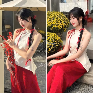 Set Ống Rộng Quần Cotton Lạnh Phối Áo Cổ Tàu Gấm Hoa Bh100X- Sam Store