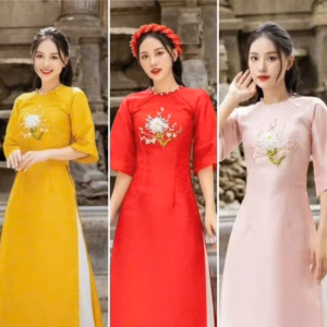 Set Áo Dài Tafta Thêu Hoa Cổ Đính Ngọc Quần Tuyết Nhung S32- Nana House