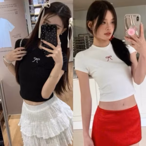 Áo Crotop Nữ Thêu Nơ Tay Ngắn Cổ Tròn Ôm Body Gu30E- Sam Store