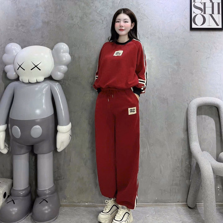 Sét Bộ Đồ Nỉ Nữ Uni Cổ Tròn Màu Đỏ Siêu Đẹp - Htm Fashion - Ảnh 4