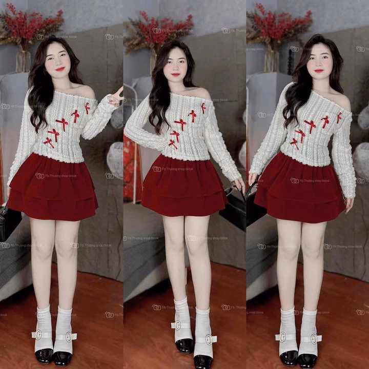 Set Áo Len Ren Đính Nơ Phối Chân Váy Nhung Có Lót Q27- Sam Store - Ảnh 5