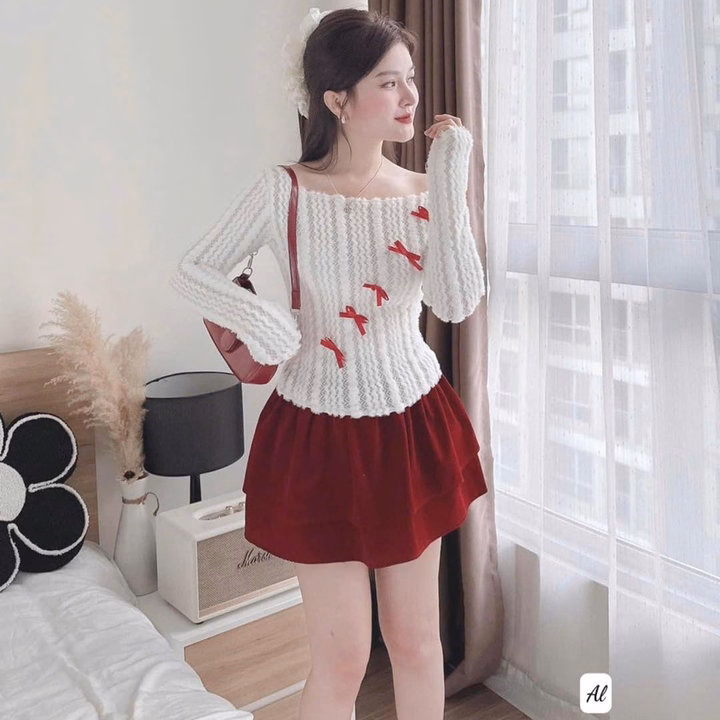 Set Áo Len Ren Đính Nơ Phối Chân Váy Nhung Có Lót Q27- Sam Store - Ảnh 3