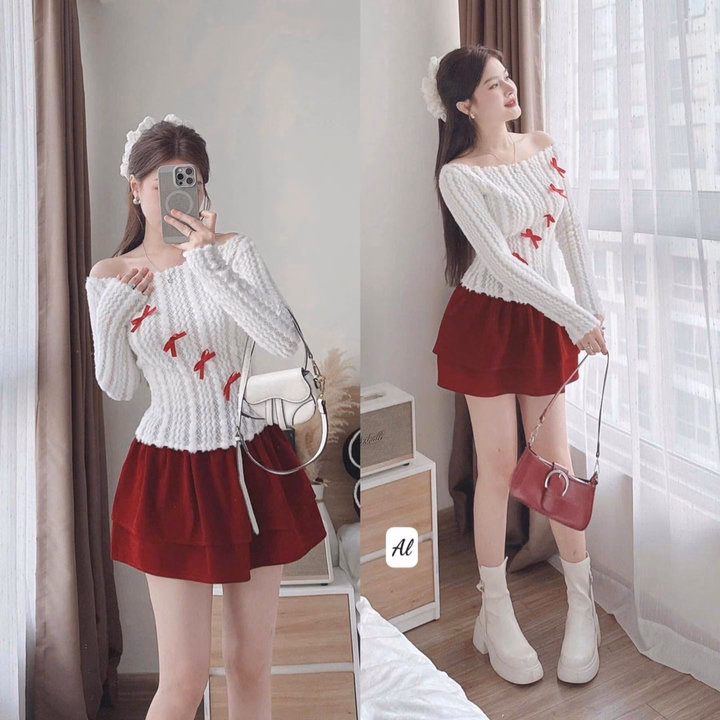 Set Áo Len Ren Đính Nơ Phối Chân Váy Nhung Có Lót Q27- Sam Store - Ảnh 2