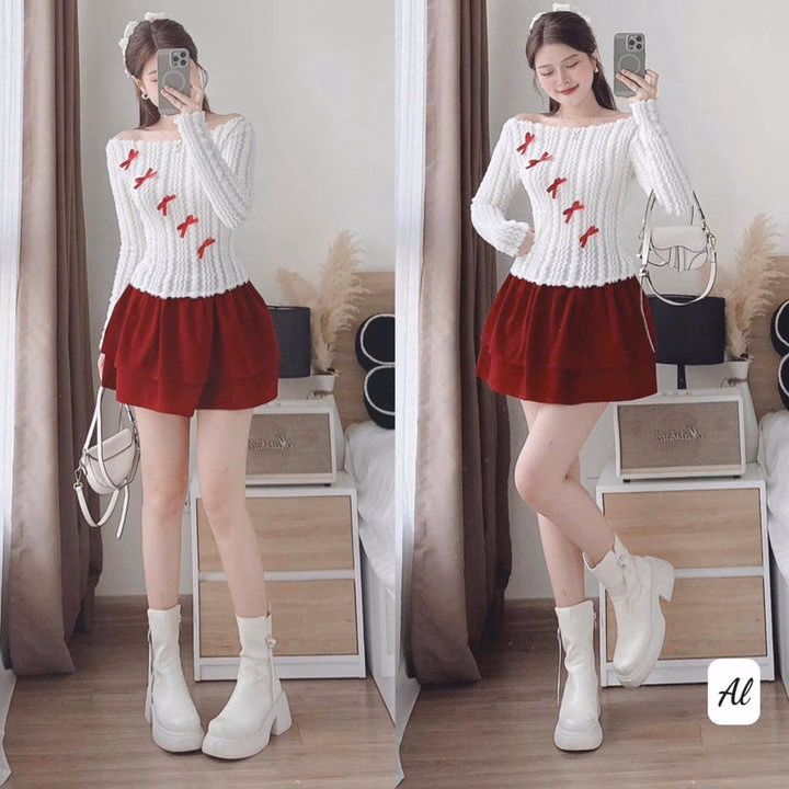 Set Áo Len Ren Đính Nơ Phối Chân Váy Nhung Có Lót Q27- Sam Store