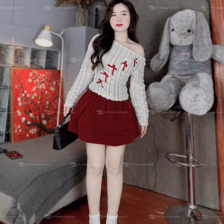 Set Áo Len Ren Đính Nơ Phối Chân Váy Nhung Có Lót Q27- Sam Store - Ảnh 4