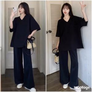 Sét Bộ Quần Ống Rộng Cạp Chun Đen Hack Dáng + Mix Áo Phông Tim Trơn Thụng