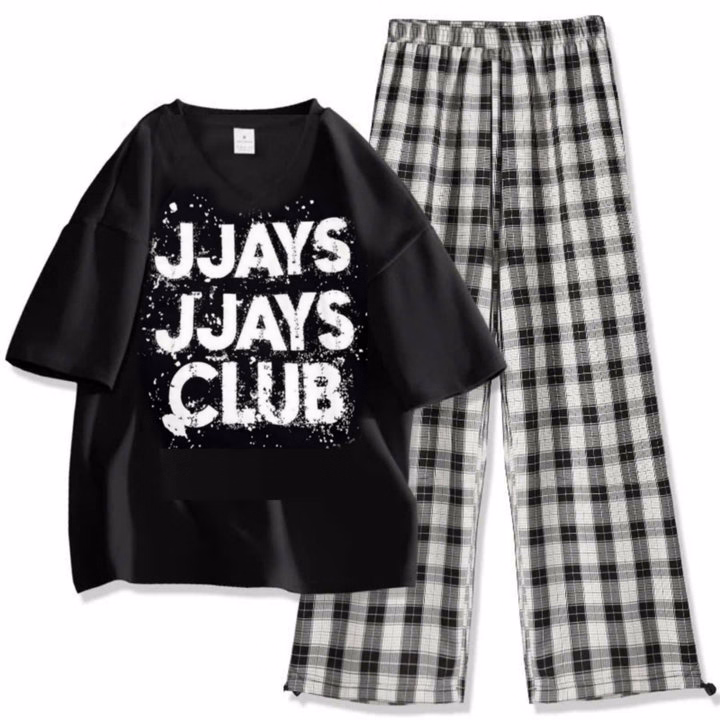 Sét Bộ Quần Kẻ Caro Đen + Mix Áo Phông Form Rộng Tay Lỡ Jjjays Club