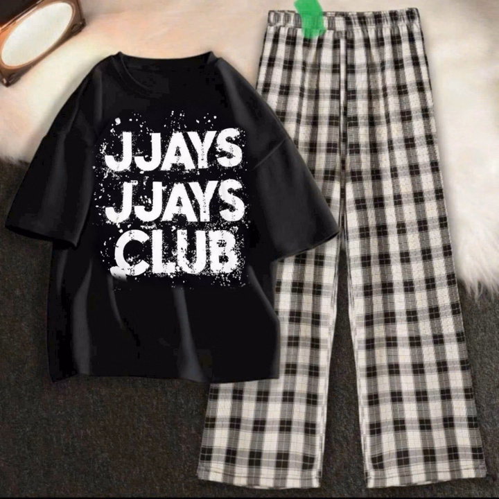 Sét Bộ Quần Kẻ Caro Đen + Mix Áo Phông Form Rộng Tay Lỡ Jjjays Club - Ảnh 3