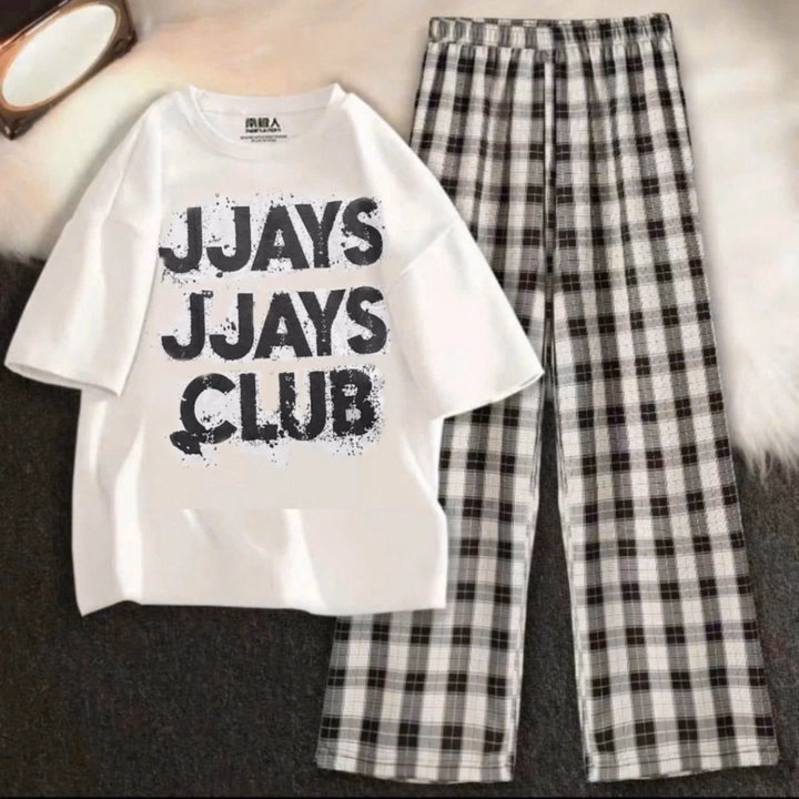 Sét Bộ Quần Kẻ Caro Đen + Mix Áo Phông Form Rộng Tay Lỡ Jjjays Club - Ảnh 2