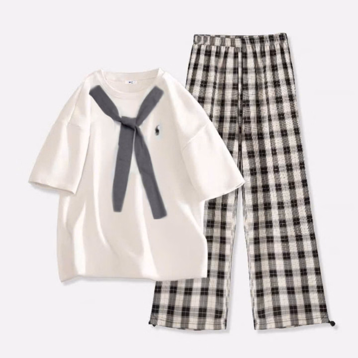 Sét Bộ Quần Kẻ Caro Form Rộng + Mix Áo Phông Form Rộng - Ảnh 2