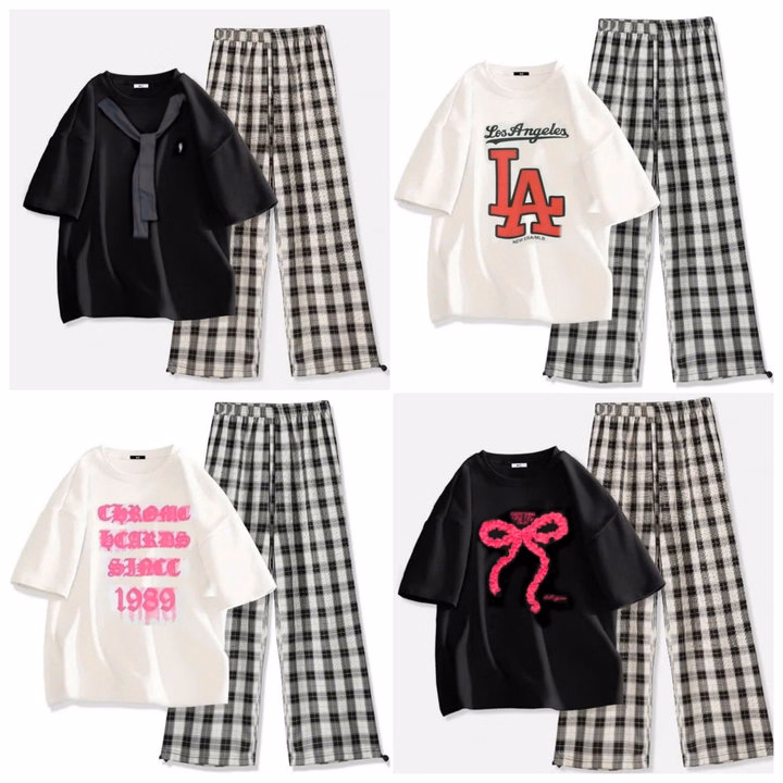 Sét Bộ Quần Kẻ Caro Form Rộng + Mix Áo Phông Form Rộng