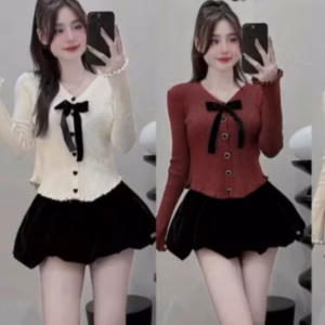 Áo Len Tay Dài Bèo Nhún Phối Nơ- Chipxinhxk