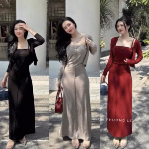 Set Đầm Thun Tăm Lạnh Dáng Dài Kèm Áo Khoác Bt95F- Sam Store