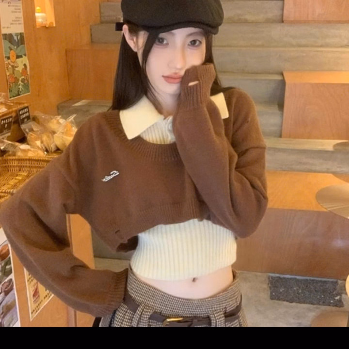 Set 2 Áo Len: Áo Len Tay Bồng Croptop Cổ U Kèm Áo Ba Lỗ Cổ Bẻ Sát Nách- Chipxinhxk - Ảnh 3