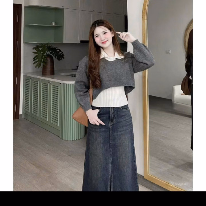 Set 2 Áo Len: Áo Len Tay Bồng Croptop Cổ U Kèm Áo Ba Lỗ Cổ Bẻ Sát Nách- Chipxinhxk - Ảnh 5