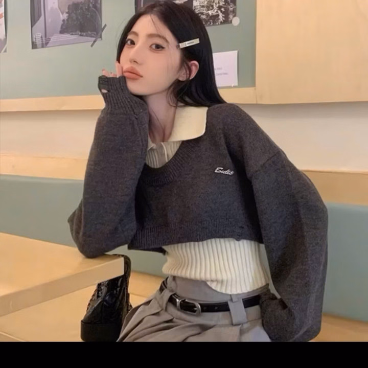 Set 2 Áo Len: Áo Len Tay Bồng Croptop Cổ U Kèm Áo Ba Lỗ Cổ Bẻ Sát Nách- Chipxinhxk - Ảnh 7