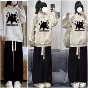 Sét Bộ Thu Đông Quần Ống Rộng Dây To + Mix Áo Hoodie Mèo Máy