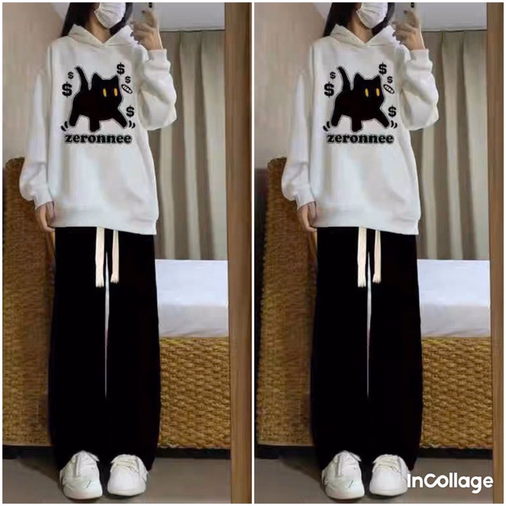 Sét Bộ Thu Đông Quần Ống Rộng Dây To + Mix Áo Hoodie Mèo Máy - Ảnh 2
