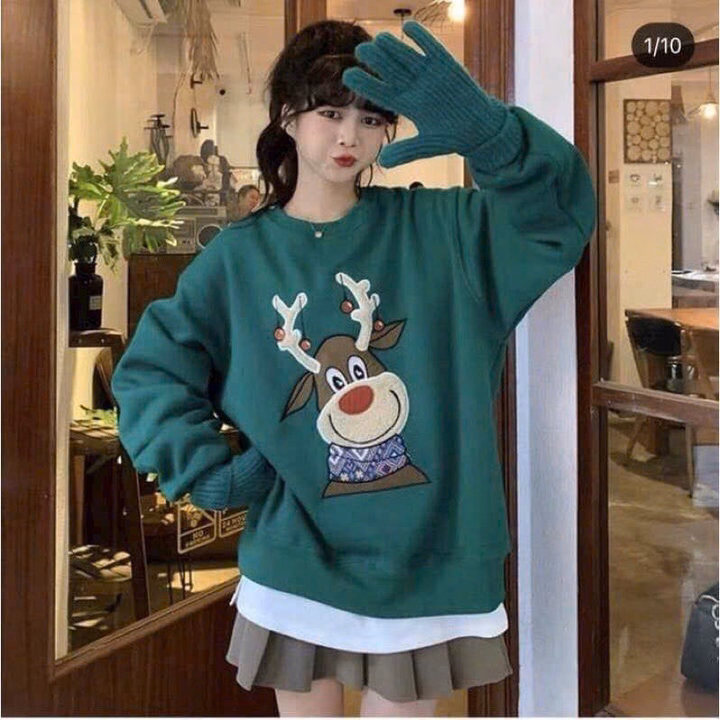 Áo Sweater Không Mũ Vải Nỉ In Hình Chú Tuần Lộc Tai Dài Form Rộng Tp82 - Golden Dream
