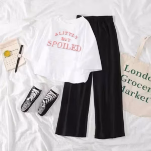 Set Bộ Nữ Quần Rộng Đen Hack Dáng + Mix Áo Phông Tăm Hàn Chữ Spoiled Dáng Ngắn Mùa Hè
