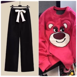 Sét Bộ Thu Đông Quần Ống Rộng + Mix Kèm Áo Sweater Gấu Dâu Hồng Có 2 Tai Cute